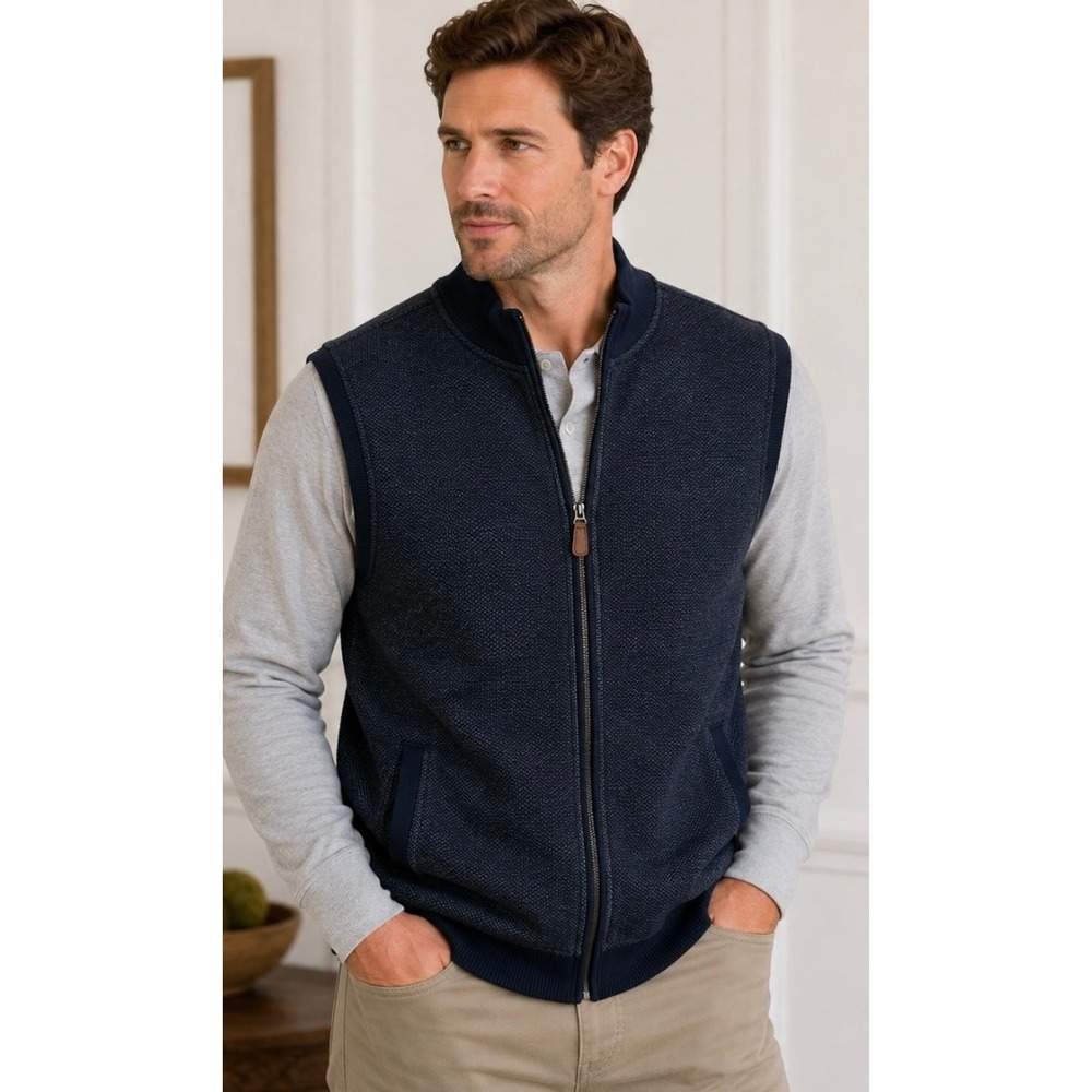 Cremieux Classics Mens Navy Blue Textured Full Zip Fleece Lined Vest Medium
